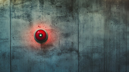 Red fire alarm button on a textured concrete wall, highlighted by soft lighting to emphasize safety equipmentの素材