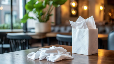 Paper napkin dispenser next to a scattered pile of napkins on a caf table background, capturing casual dining momentsの素材