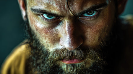 Portrait of a rugged young man with an uneven beard and intense gaze, highlighting untamed facial hair and characterの素材