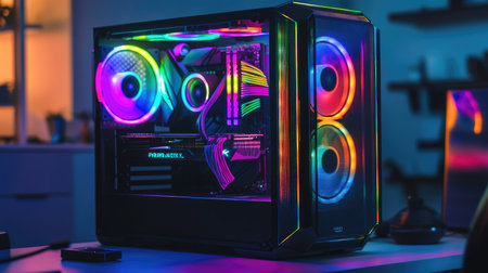 Rainbow LED lights glowing from a custom-built PC tower in a dark room, highlighting futuristic designの素材