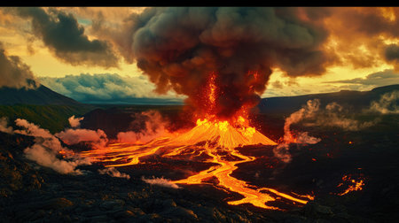 Large clouds of steam and smoke above a volcano, with rich orange flows of lava descending toward the valleyの素材