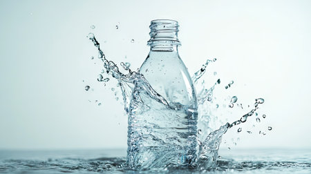 Refreshing water splashed from a opened bottle against a plain background, emphasizing purity and movementの素材