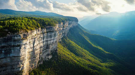 Rugged cliff edge with layered stone formations, towering above green mountains and deep valleysの素材