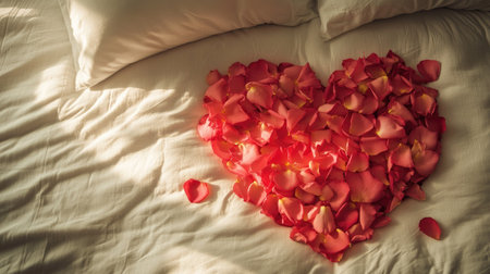 Overhead view of a rose petal heart on a cozy bed with soft pillows, perfect for romantic or honeymoon themesの素材