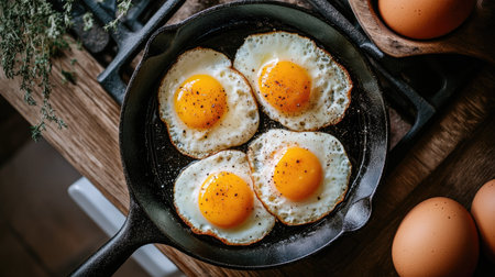 Overhead view of perfectly fried eggs in a black cast iron pan on a rustic stove, ready for a hearty breakfastの素材