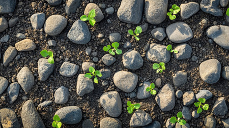 Overhead view of scattered stones with young plants emerging in between, ideal for eco and resilience themesの素材