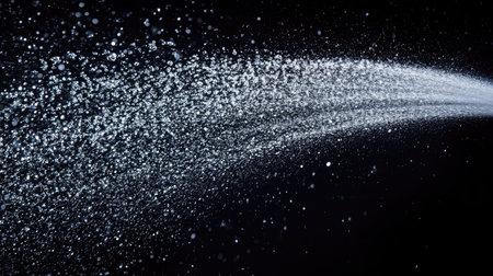 High-pressure water spray arcing across a black backdrop with droplets forming a dramatic silhouette in the lightの素材