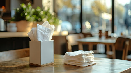 Paper napkin dispenser next to a scattered pile of napkins on a caf table background, capturing casual dining momentsの素材