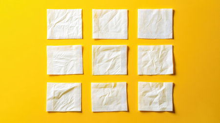 Paper napkins arranged in a square grid on a bold yellow background, great for design and packaging conceptsの素材