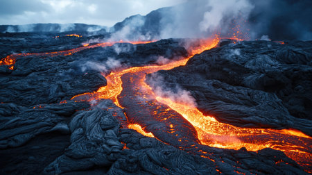 Rivers of red-hot lava weaving their way through barren volcanic rocks, steam rising into the atmosphereの素材