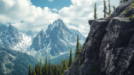 Rocky mountain cliff towering into the sky, with scattered trees and distant snowy peaks in the backgroundの素材