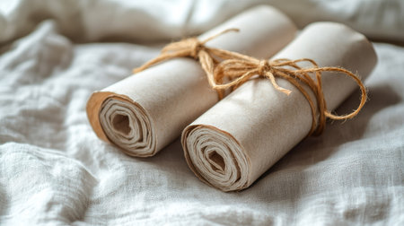 Rolled paper napkins tied with twine on a linen-textured background, ideal for rustic or vintage table decorの素材