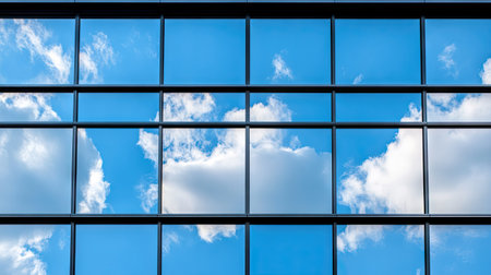 Large black frame windows in a commercial building, reflecting clouds and nearby structuresの素材