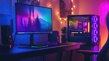 High-performance gaming PC with transparent side panel glowing in rainbow LED lights, placed on a sleek black deskの素材