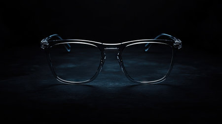 Modern transparent glasses floating slightly above a black background with dramatic underlighting to create a futuristic feelの素材
