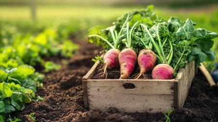 Rustic box of newly harvested root vegetables resting on rich soil with a green field viewの素材