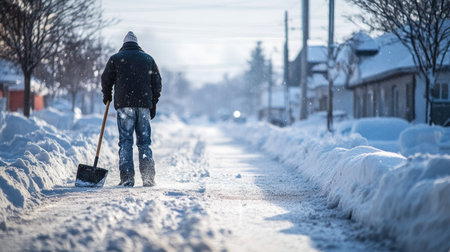 A strong worker cleans his snow shovel following a tiring snow removal taskの素材