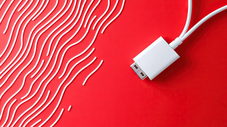 A white USB cable with clean lines arranged in a wave pattern across a vibrant red background for a bold graphic lookの素材