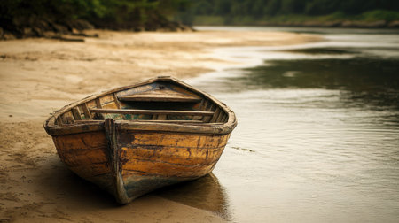 A small, vintage wooden boat anchored on a sandy river bank, rich in texture and characterの素材