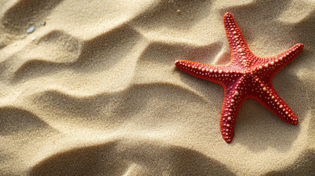 A solitary red starfish resting against a background of beige sand, creating a simple and elegant seascapeの素材