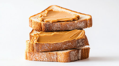 A stack of toasts with smooth peanut butter, isolated against a pure white backdrop, adding depth and warmthの素材