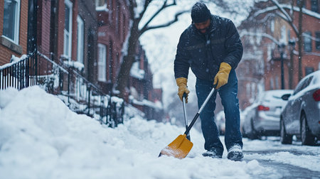 A strong worker cleans his snow shovel following a tiring snow removal taskの素材