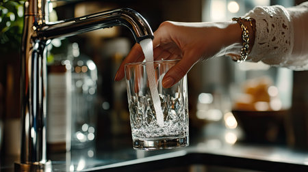 A woman's arm reaches forward to fill her glass from a gleaming faucetの素材