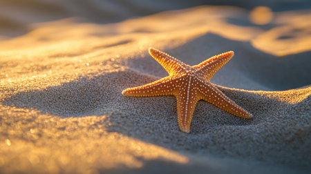 A solitary orange starfish resting on soft, golden sand under warm sunlight, creating a peaceful coastal sceneの素材