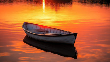 A solitary rowboat resting at sunset, casting a reflection upon the calm waters alongside the bankの素材