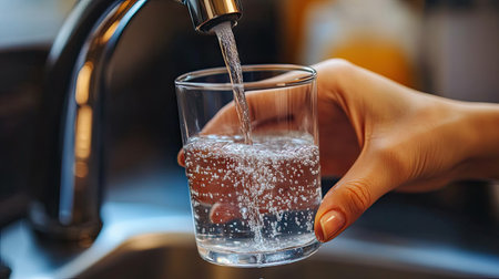 A woman's hand holds a clear glass under a running faucet, filling it with fresh waterの素材