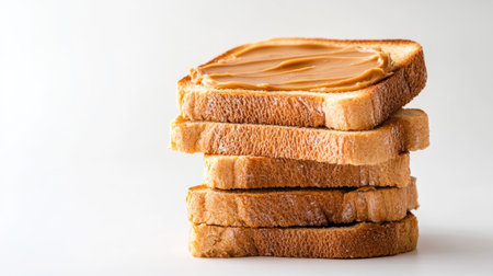 A stack of toasts with smooth peanut butter, isolated against a pure white backdrop, adding depth and warmthの素材