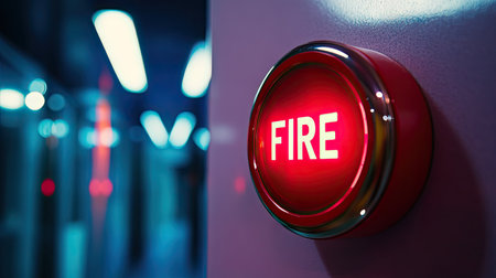 Bright red fire alarm button with FIRE label, installed on a smooth wall, ideal for safety and security visualsの素材