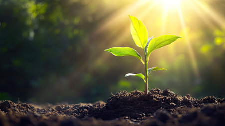 A young green sapling emerging from rich soil, bathed in soft morning sunlight, symbolizing new beginnings and hopeの素材