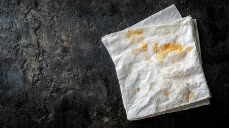 A used paper napkin with visible stains on a dark background, representing mess, cleanup, or food serviceの素材