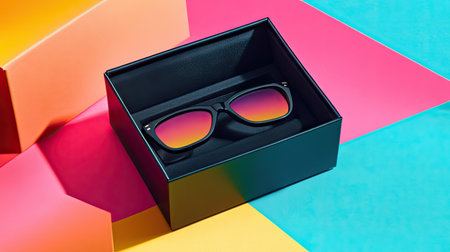 Black eyeglasses box partially open with glasses peeking out, set against a colorful abstract background for creative useの素材