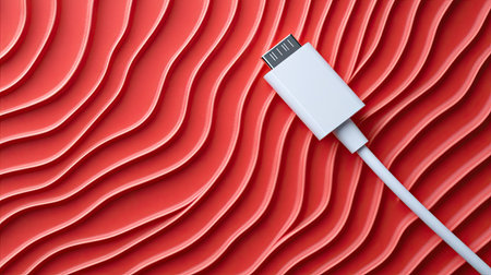 A white USB cable with clean lines arranged in a wave pattern across a vibrant red background for a bold graphic lookの素材