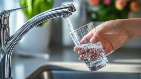 A woman's hand placing a glass under a strong flow of water from the tapの素材