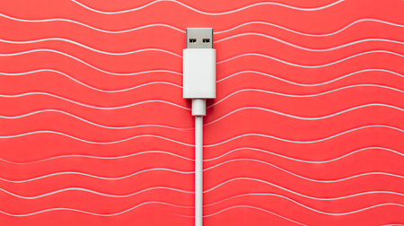 A white USB cable with clean lines arranged in a wave pattern across a vibrant red background for a bold graphic lookの素材