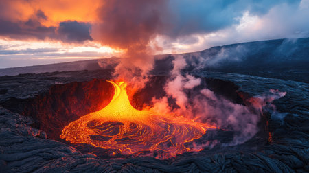 Bright orange lava flow oozing from a volcano's crater, casting a dramatic glow against a dark clouds backdropの素材