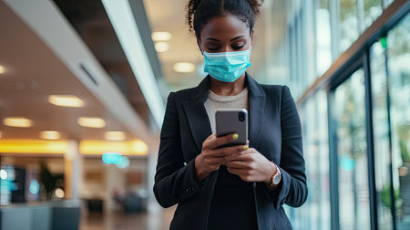 Businesswoman with a mask checking her phone in an office lobby, reflecting daily life during health precautionsの素材