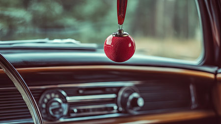Car interior showing a retro-style air freshener hanging from the mirror, evoking nostalgia and freshnessの素材