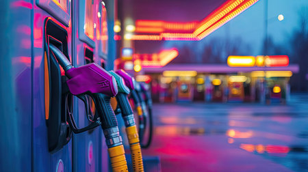 Brightly colored fuel pump nozzles resting on holders at dusk, with neon lights illuminating the gas stationの素材