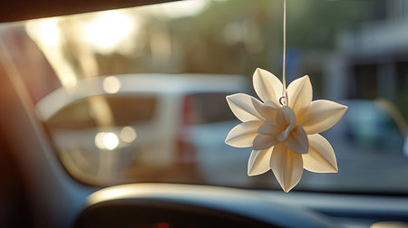 Car air freshener shaped like a flower suspended inside a vehicle, capturing a fresh and inviting driving environmentの素材
