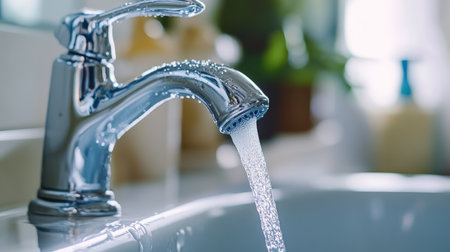 A steady flow of water from a chrome faucet, symbolizing purityの素材