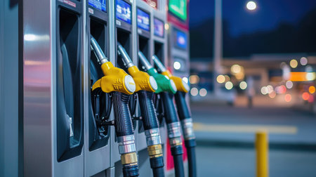 Clean and modern gas station fuel nozzles with digital displays visible, focusing on technology and efficiencyの素材