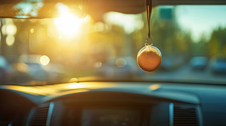 Close-up of a hanging car air freshener swinging gently inside a car with sunlight reflecting on the dashboardの素材