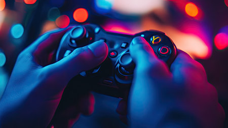 Close-up of a gamer's hand gripping a joystick with colorful LED lights in the background, creating an immersive vibeの素材