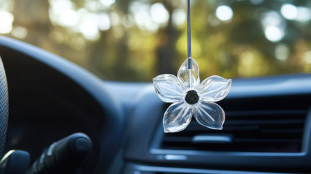 Car air freshener shaped like a flower suspended inside a vehicle, capturing a fresh and inviting driving environmentの素材
