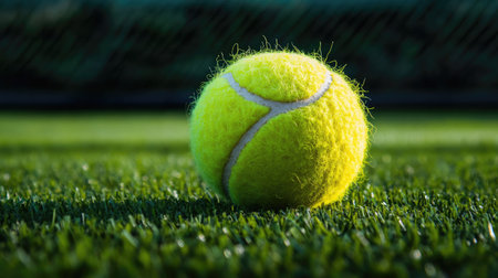 Close-up of a fuzzy yellow tennis ball against rich green artificial grass, perfect for sports-themed promotionsの素材