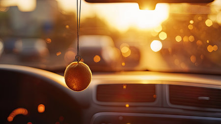 Close-up of a hanging car air freshener swinging gently inside a car with sunlight reflecting on the dashboardの素材
